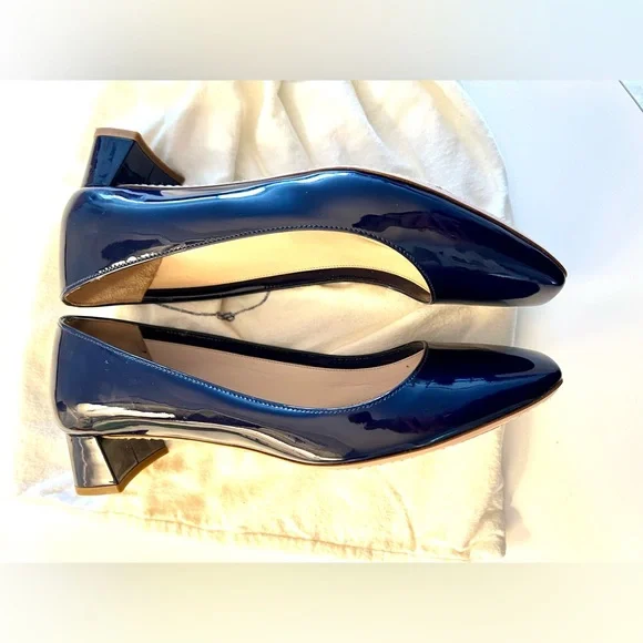Prada Navy Patent Leather Block Heels Low Heel Square Toe with Bag - Size 38.5 - Picture 6 of 8